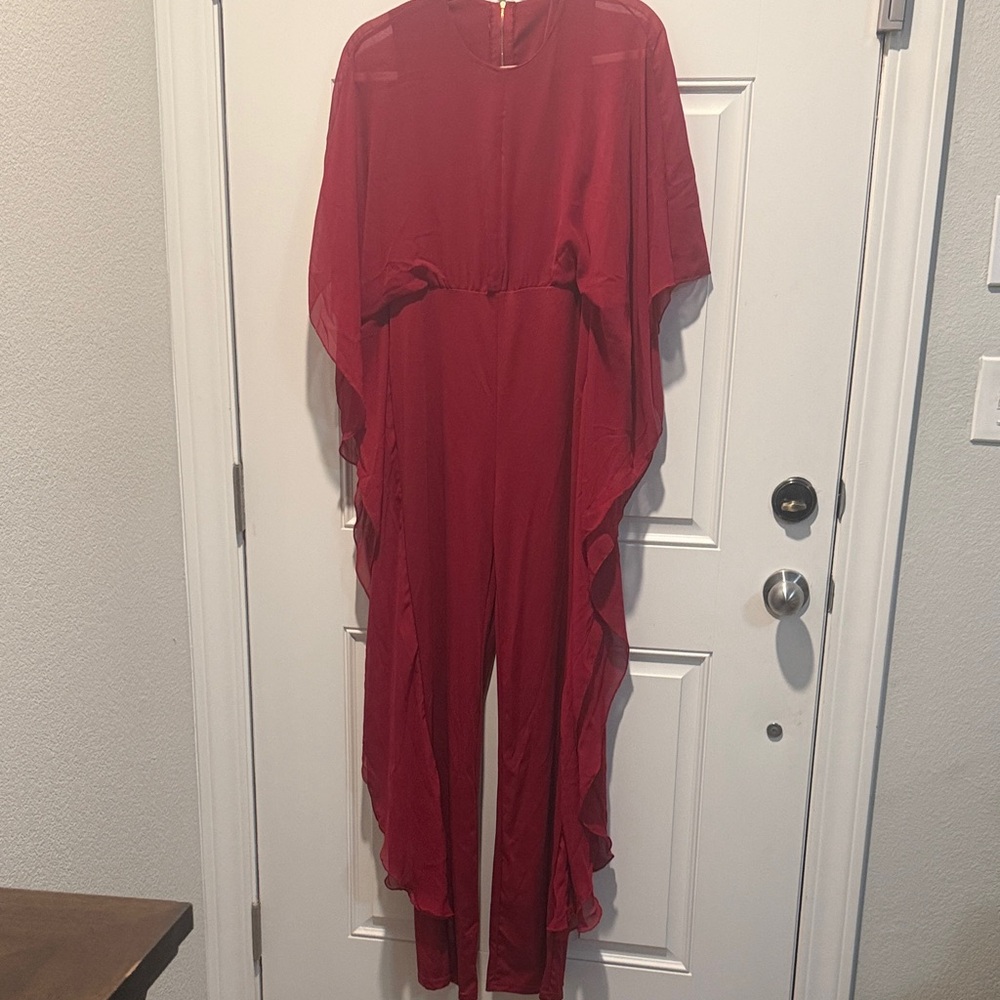 Red Ruffled Wide-Sleeve Jumpsuit